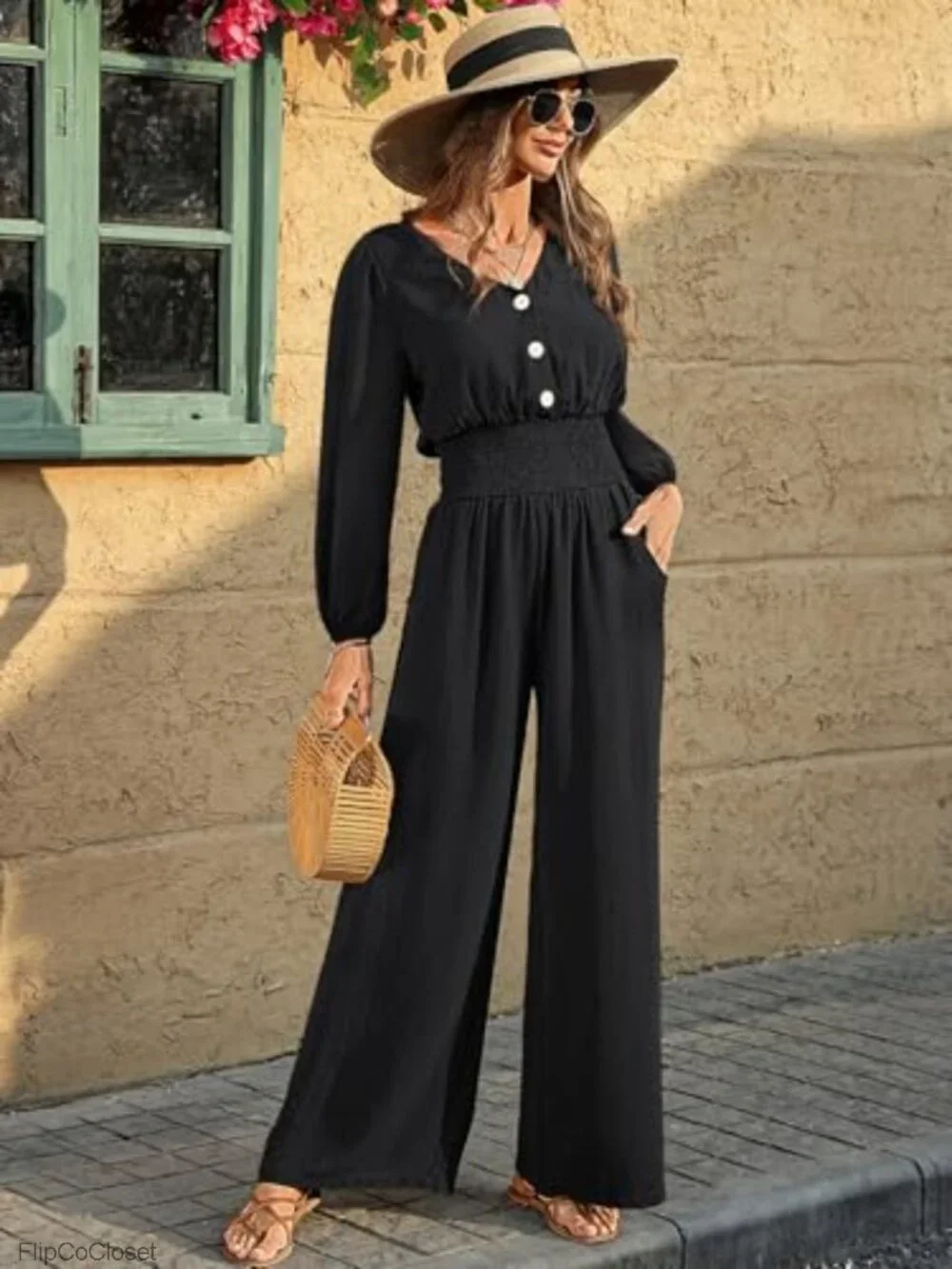 Women's Long Sleeve Wide Leg Jumpsuit Dressy Casual